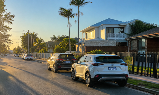 Sunlit Perth residential street with parked cars and palm trees